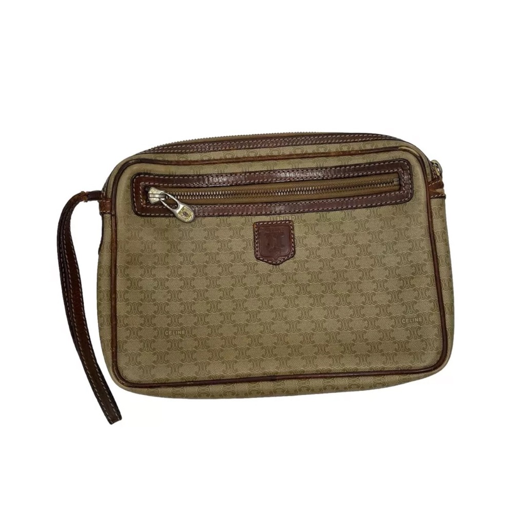 Celine Macadam Clutch Bag Pouch PVC Leather Brown Monogram Logo Purse